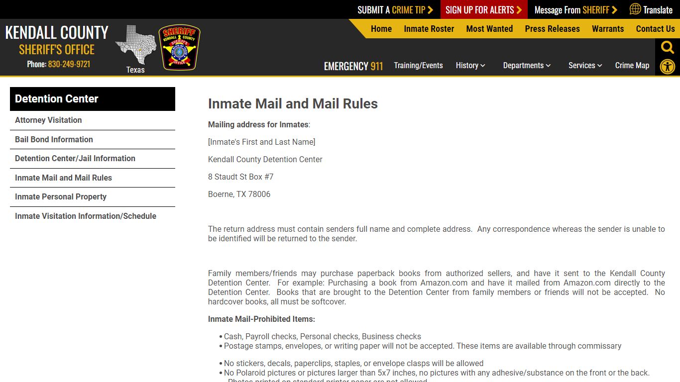 Inmate Mail and Mail Rules | Kendall County Sheriffs Office